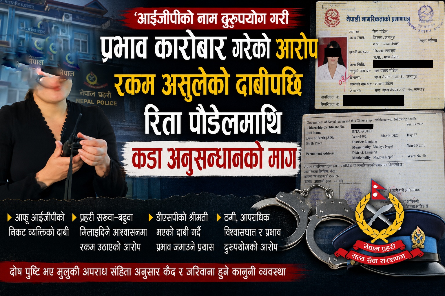 आईजीपीको नाम लिएर काठमाडौंमा प्रभाव जमाएको आरोप, रिता पौडेल विवादमा