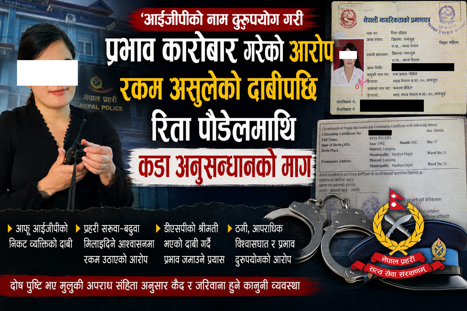 आईजीपीको नाम लिएर काठमाडौंमा प्रभाव जमाएको आरोप, रिता पौडेल विवादमा